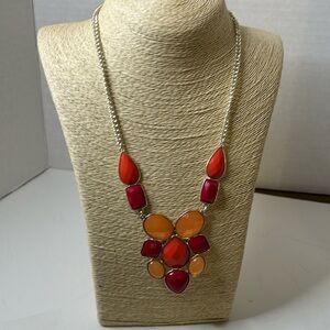 Statement necklace red orange coral silver tone chain chunky colorful su…
